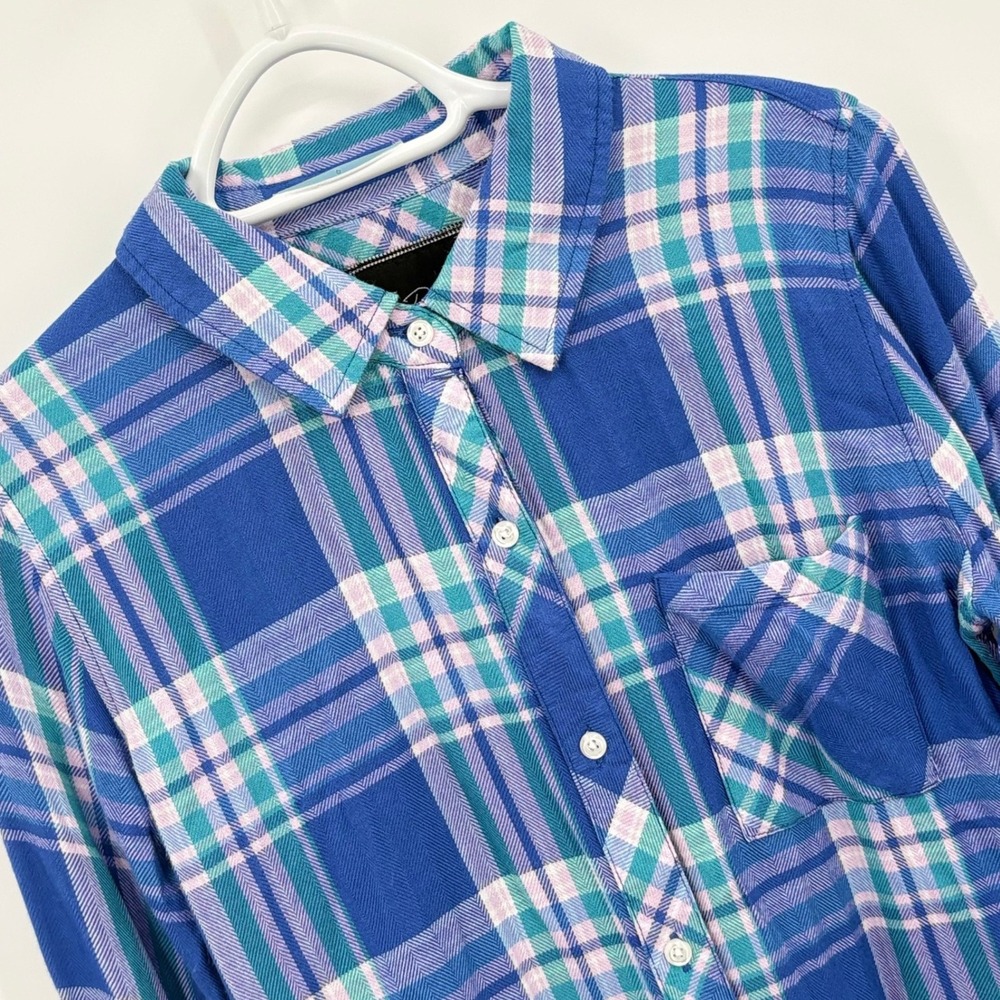 Rails Hunter Blue Teal Pink Plaid Rayon Button Down Shirt Womens XS Long Sleeve